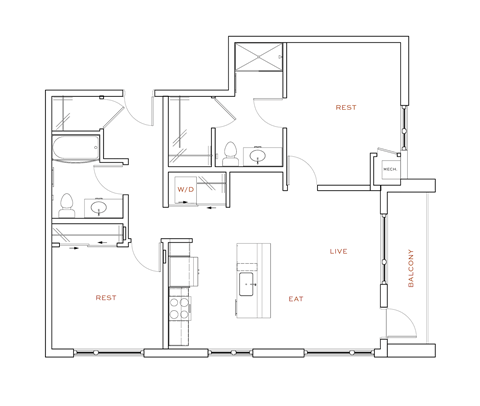 A floor plan of an apartment with a living room, dining room, kitchen, and bathrooms.